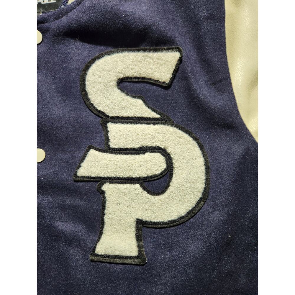 Southpole Men’s Varsity Jacket M Blue White Snap Front Logo Patch Lined - Picture 2 of 8